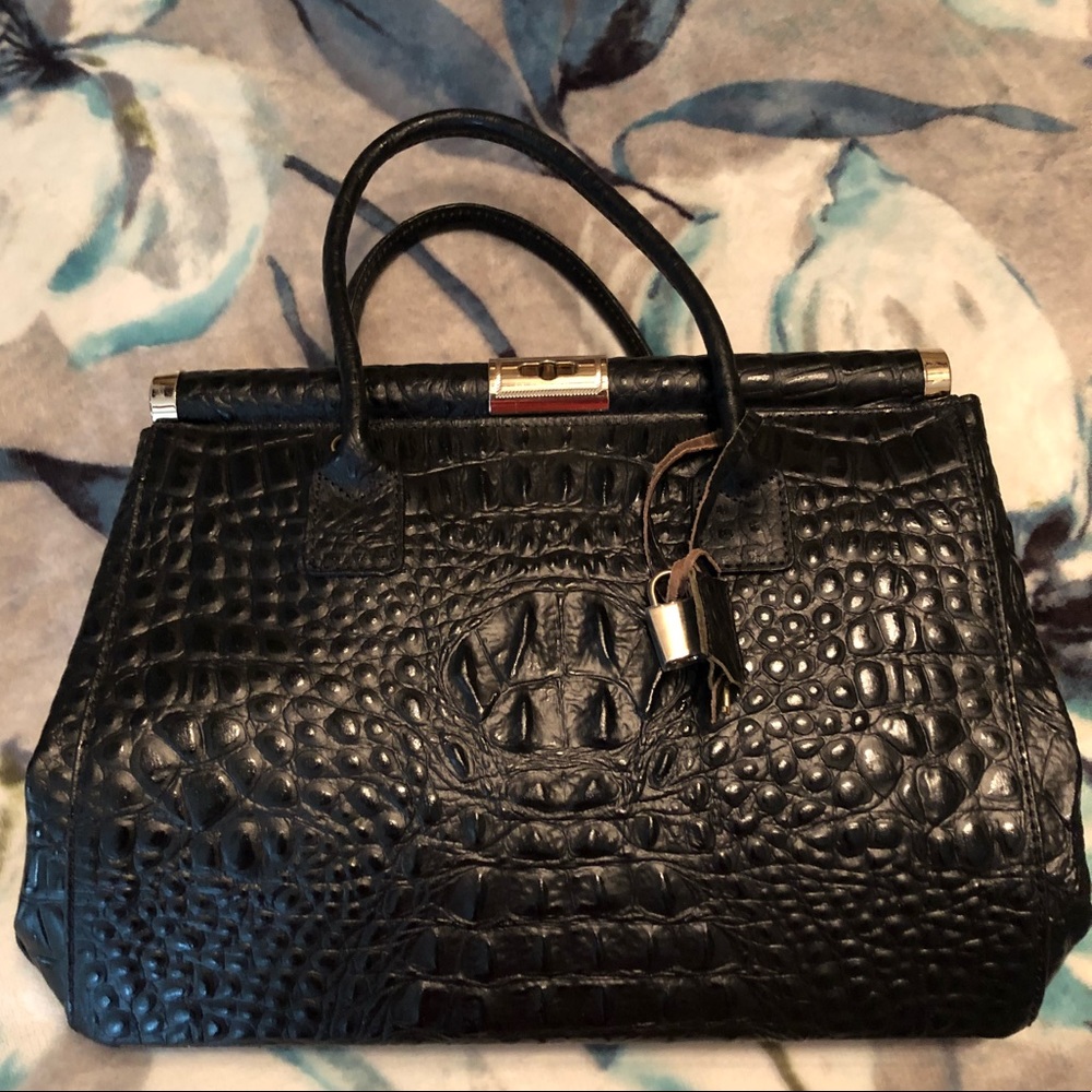 Big black leather purse with crocodile look